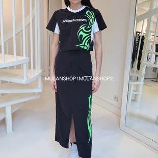 【清货折S】ANDREA CREWS秋冬银光绿抽象火焰图案T恤/开衩半身裙