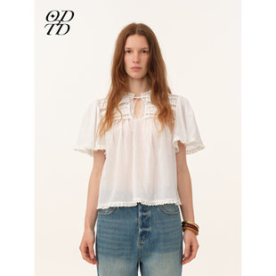 系带衬衫 塔克蕾丝花边宽松泡泡袖 ODTD26春夏新款 女 设计师女装