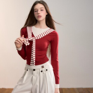 VIAPITTI 25AW 假两件撞色连帽绑带针织衫打底女秋冬修身内搭T恤