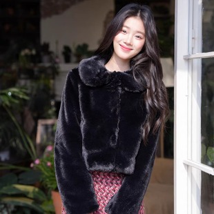 黑色短款 25AW 绒花领环保皮草大衣酒红小香A字长半裙 JINGYI GUO