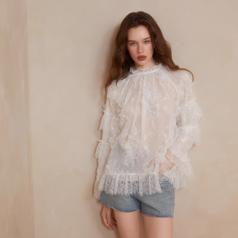 CEE CUBED官方授权25AW 白色蕾丝立体花朵花边衬衫碎钻牛仔短裤