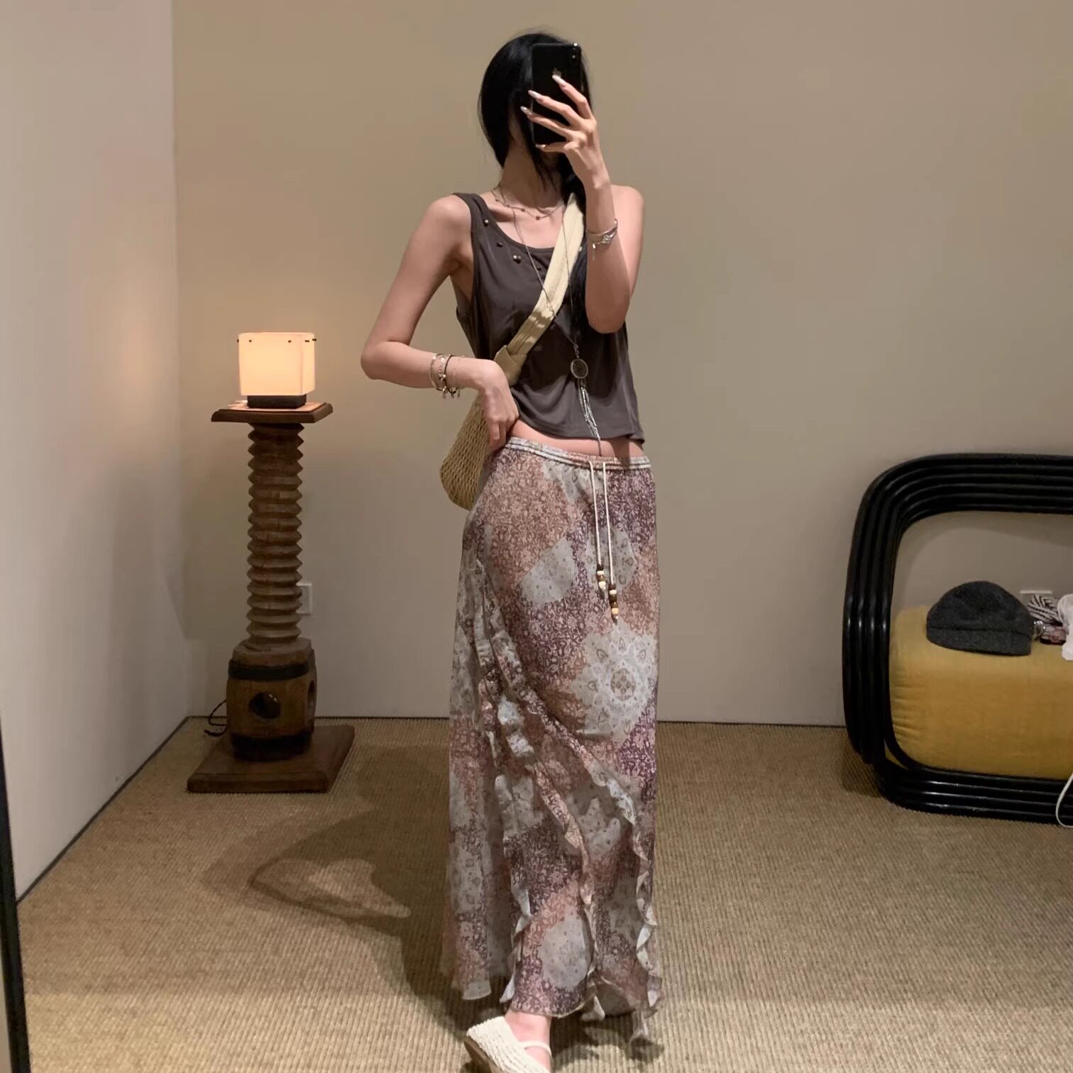 Vena Label 25PF新款 针织背心吊带 复古印花半身裙鱼尾包臀长裙