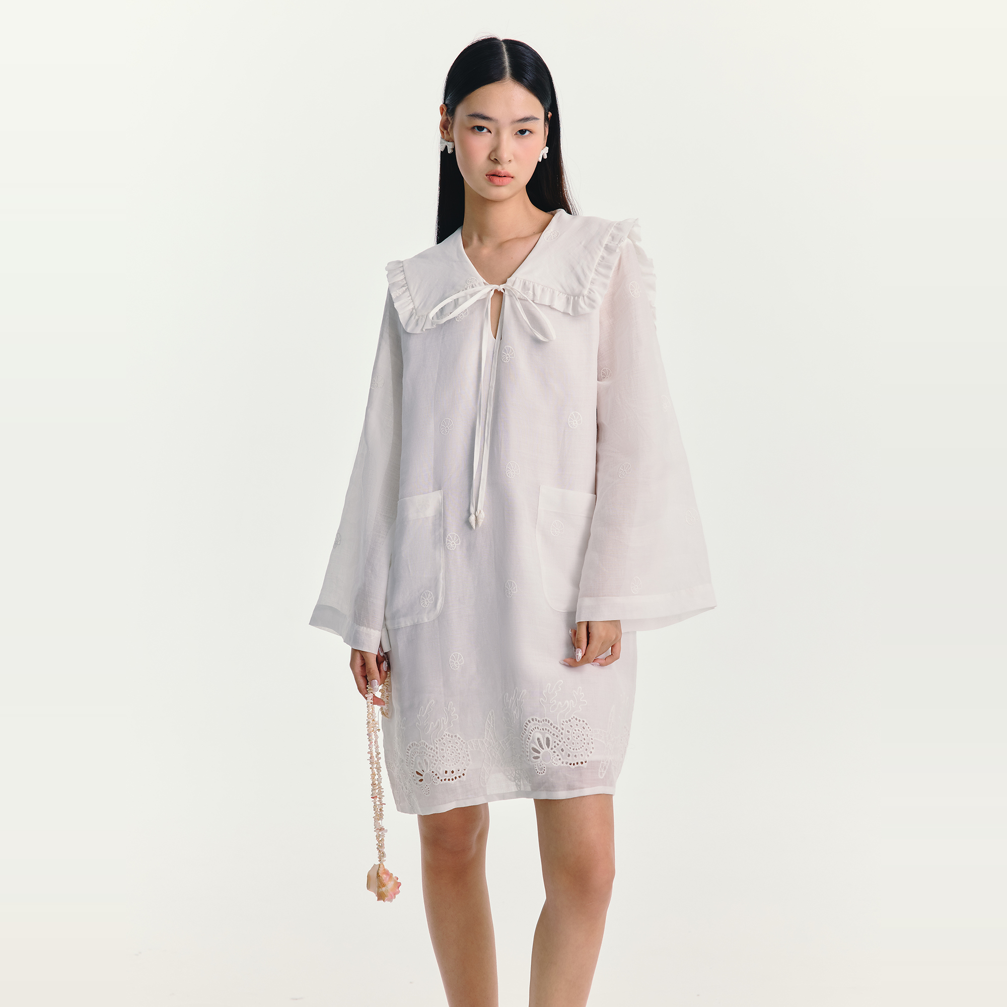 ESTER HSU 25SS 苎麻绣花拼接荷叶领连衣裙