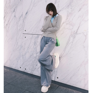 Sandra肌理条纹撞色系带紧身polo双腰头阔腿裤 Alexia 清货折M