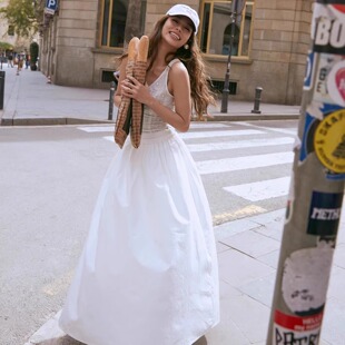 玫瑰花缀饰纯棉荷叶边拼接长裙 25SS MIN PURA