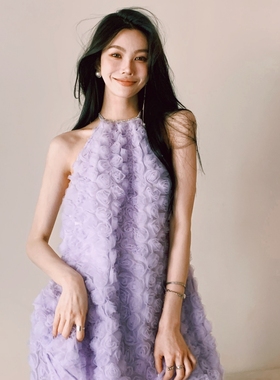 MOOD X MIURA2R秋新款浅紫色立体玫瑰钻链装饰挂脖燕尾连衣裙