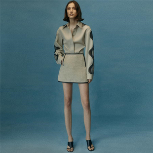 秋冬新款 Esber Christopher 卡其色亚麻混合纹理半裙 清货折8