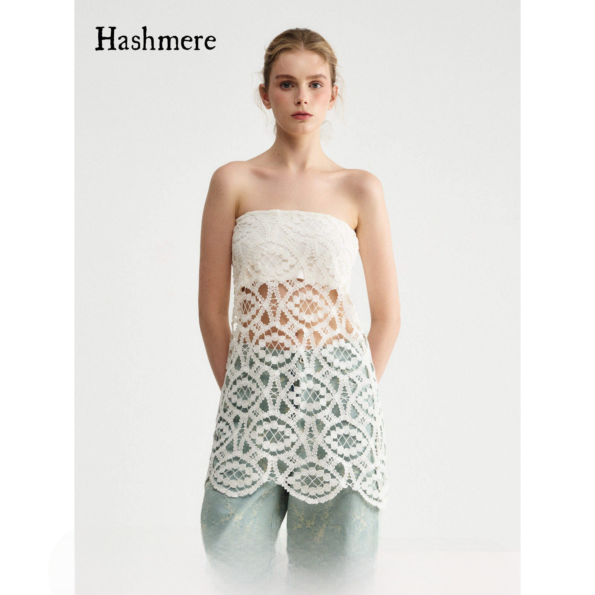Hashmere 26SS 重工蕾丝镂空抹胸裙精致钩花显瘦中长款裹胸上衣