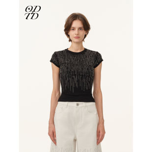 高弹满天星烫钻圆领短袖 ODTD26春夏新款 T恤显瘦女 设计师女装