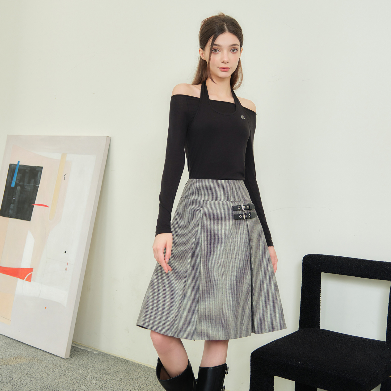 秋季羊毛格纹半裙threequarters