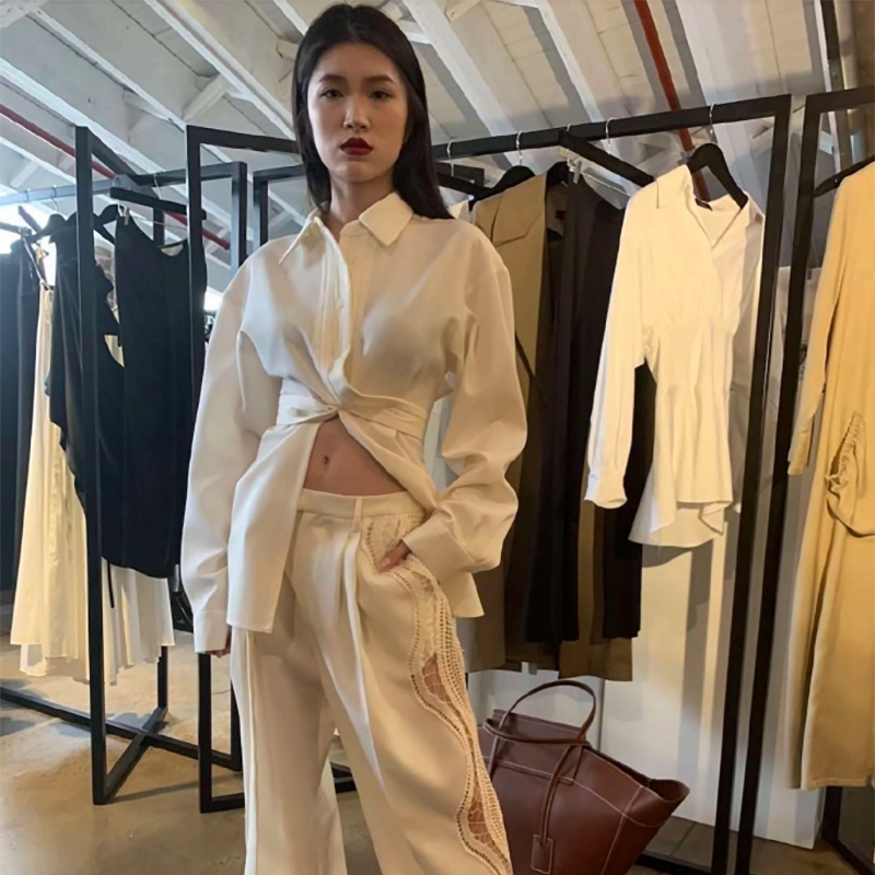 木兰买手店国现新款白色翻领飘带