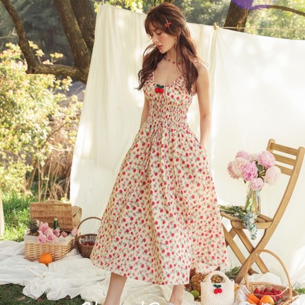 CLOUDSEASON法式碎花连衣裙显瘦小个子樱桃吊带长裙子质感高级感