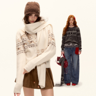 针织围巾 费尔岛提花圆领针织开衫 AsGony 25AW新款