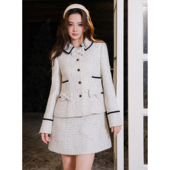 Maison Wester25秋季 白粗花呢黑边蝴蝶结短外套花呢蝴蝶结吊带裙