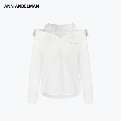 ANN ANDELMAN2026早春新款烫钻系列网纱透视拼接衬衫一字露肩上衣