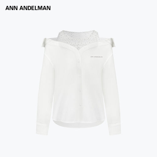 ANN ANDELMAN2026早春新款烫钻系列网纱透视拼接衬衫一字露肩上衣