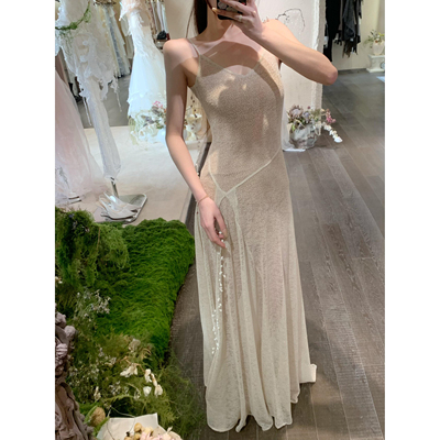 TENSION ARCHIVE珍珠拼接针织大摆吊带长裙女精致典雅修身连衣裙
