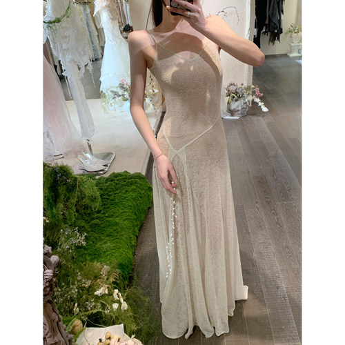 TENSION ARCHIVE珍珠拼接针织大摆吊带长裙女精致典雅修身连衣裙