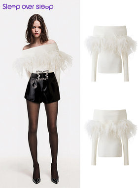 Sleep Over Sleep秋冬新款纯欲千金鸵鸟毛缀饰白色一字肩毛织上衣
