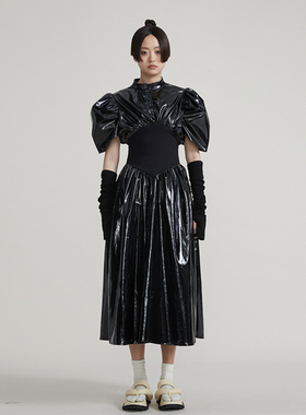 【清货折F】YUICHI YANG带袖套收腰亮皮连衣裙长款收腰2J秋冬新款