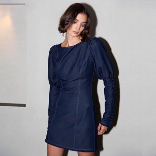 泡泡袖 MISHA 包身迷你裙深蓝色连衣裙女 清货折XS