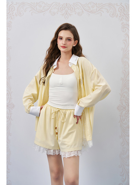 Three Quarters 26SS新款 浅黄色假两件蕾丝宽松衬衫高腰抽绳短裤