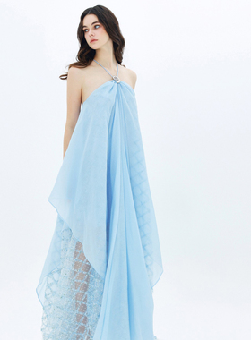 MOOD X MIURA Juliette 蓝色网纱拼接挂脖连衣裙