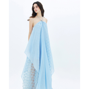 MOOD X MIURA Juliette 蓝色网纱拼接挂脖连衣裙