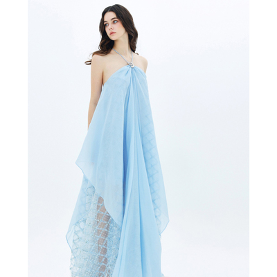 MOOD X MIURA Juliette 蓝色网纱拼接挂脖连衣裙