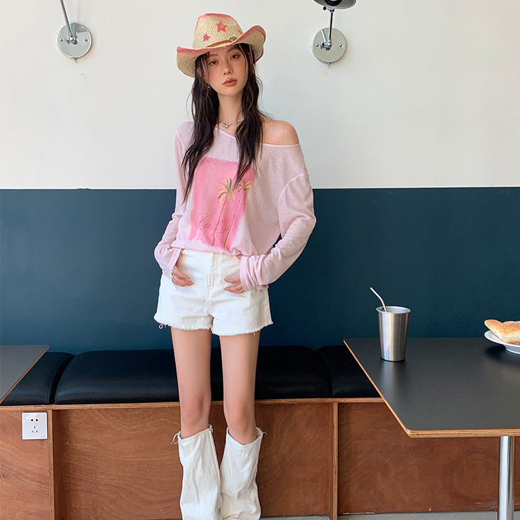 明星同款LAFREEDOM 粉色防晒罩衫长袖T恤女宽松款印花轻薄上衣