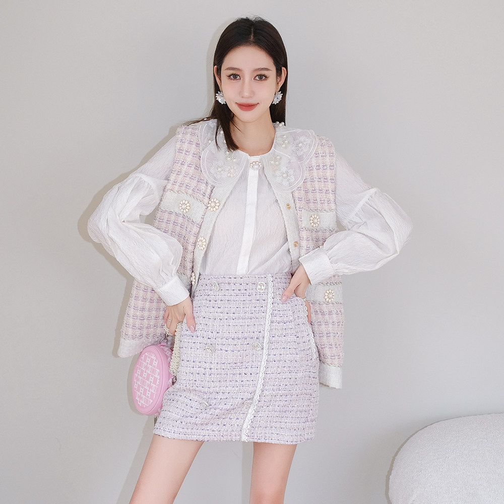 sister jane 2r新款小香风花扣马甲外套珍珠娃娃领上衣钻半裙木兰