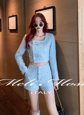 【清货折裤s】MeliMosa秋冬新蝴蝶结花呢外套钻扣短裤小香风套装