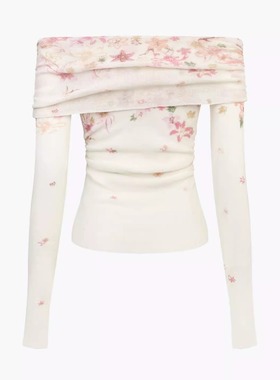 ANN ANDELMAN渐变印花毛织一字肩温柔针织衫别致露肩褶皱收腰上衣