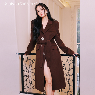 MaisonWester24秋冬新款女装羊毛双面呢钻扣长款大衣通勤毛呢外套