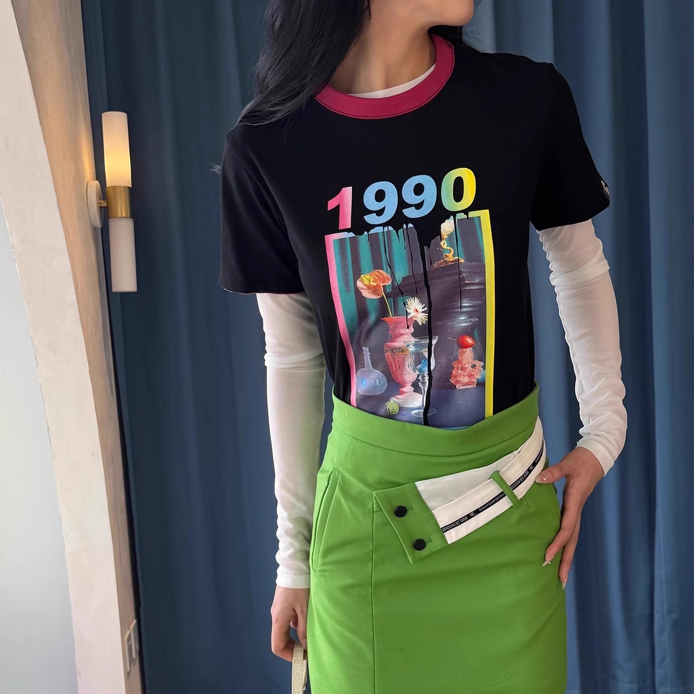 【清货3折】CHRISOU BY DAN欧阳丹印花时尚修身上衣 绿色百搭半裙