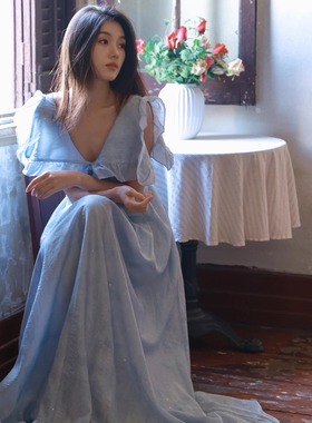 MOOD X MIURA 25SS  蓝色荷叶边娃娃领后背系带长裙