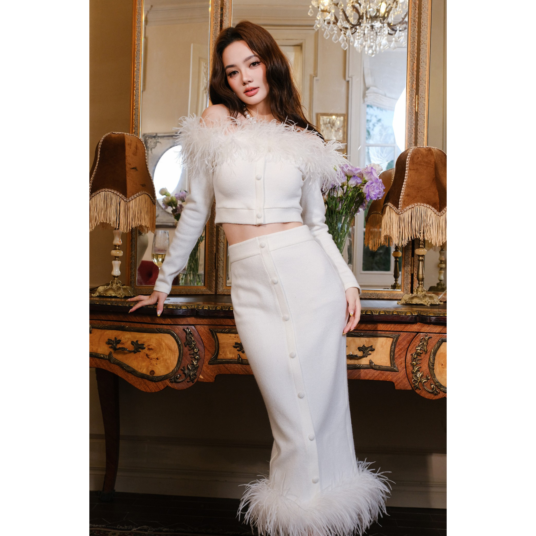 【清货折`】Maison Wester秋季鸵鸟毛包扣露肩短上衣鸵鸟毛包臀裙,女装/女士精品,时尚套装,淘宝优惠券,粉丝福利购,淘宝优惠卷