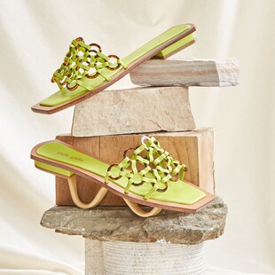 【国现36】Cult Gaia设计新款显白真皮玳瑁镂空编织方低跟凉拖鞋