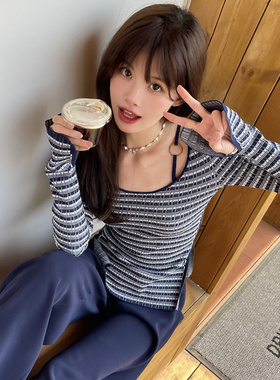 【清货折】设计师deepmoss2F新款女士时尚条纹金属环开叉T恤上衣
