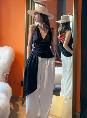 【清货折】MISHA新款黑色吊带性感V领高腰赫本风绑带流苏女