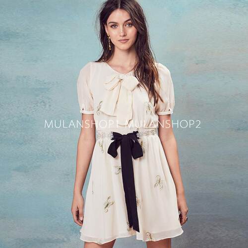 【清货折XS】For Love and Lemons正品蝎子刺绣蝴蝶结浅色连衣裙