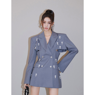 春夏珠花缀珍珠饰收腰灰色西装 设计师4MILE 西服外套 清货折