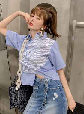 【清货折】ANDREA CREWS /SJYP不规则褶百搭条纹衬衫字母牛仔半裙