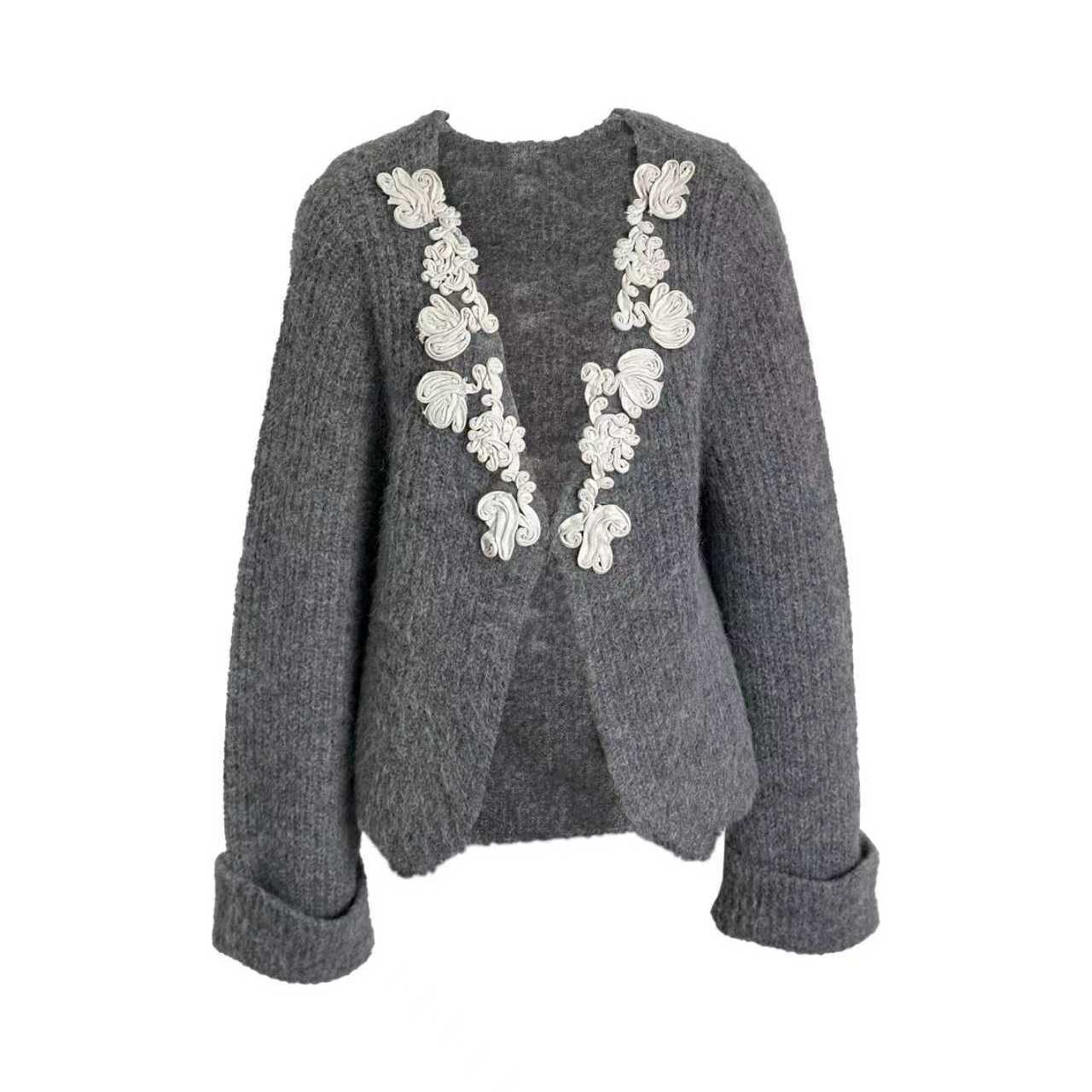 SIEW 2025AW新款 手钩花边羊驼毛V领毛织开衫外套