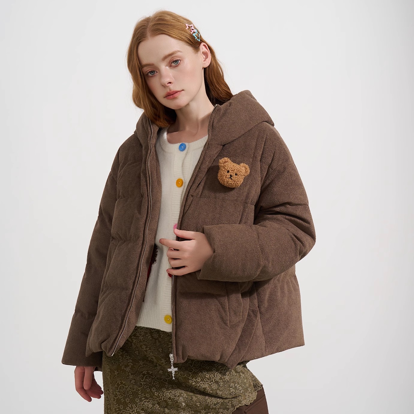 SOFITTE 25AW秋季 棕色学院风小熊耳朵连帽棉服