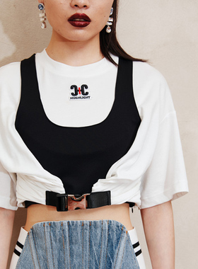 【清货折SM】HIGHLIGHT 2R新款 白色插扣短款短袖上衣设计感个性