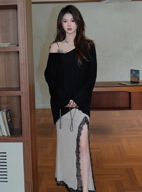 【清货折】OLIVIA DUO黑色罩衫刺绣蕾丝胸衣珠片蕾丝开衩裙三件套