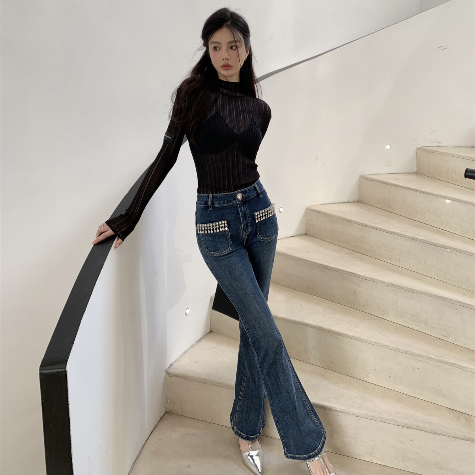 赵丽颖masion wester 2r秋冬系列女复古深蓝微喇显瘦牛仔长裤