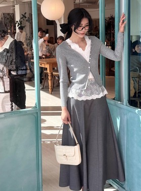 Vena Label拼接蕾丝开衫针织衫两件上灰色半身裙