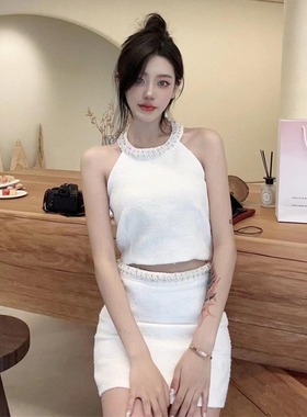 NOT FOR US 24SS新款  时尚羊毛套装白色珍珠挂脖上衣+包臀半裙